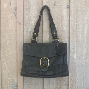Coach Black Leather Shoulder Bag with Gold Accents